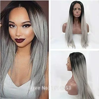 straight synthetic lace front wig curly body wave long black ombre gray with dark roots wigs frontal glueless hair for women