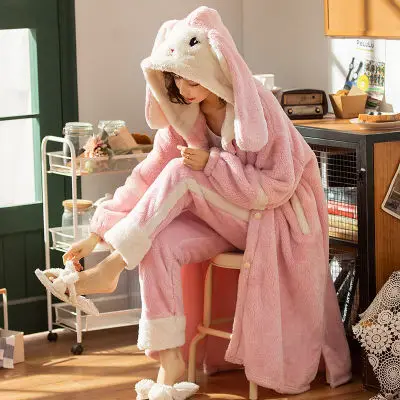 

Pajamas for Women Autumn Winter Thickened Two-piece Plus Velvet Coral Velvet Cute Flannel Long Robe Bathrobe Home Service