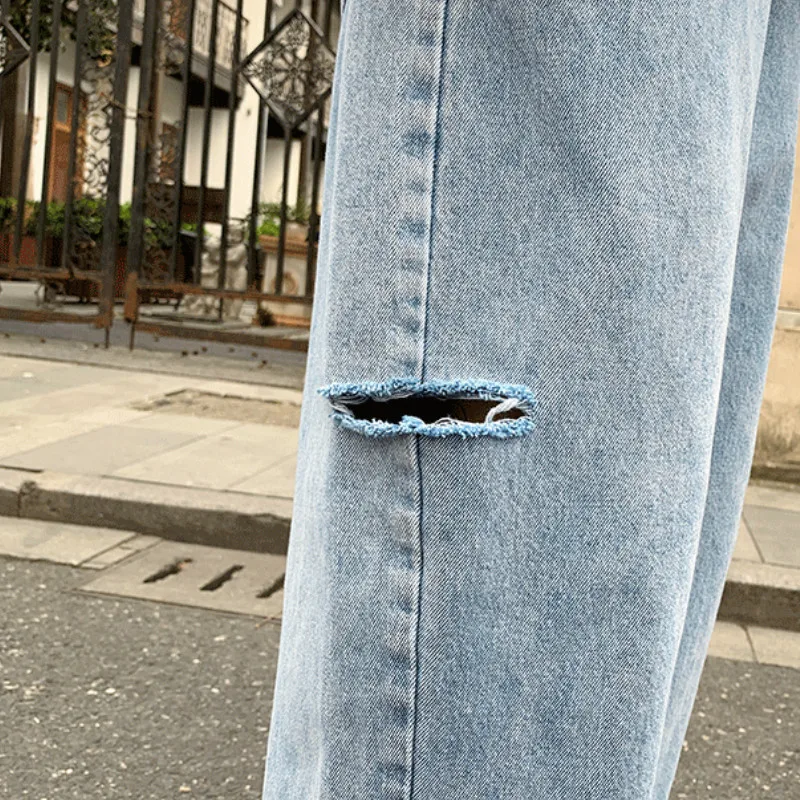 

Men Jeans Denim Plus Size 3XL Loose Straight Wide Leg Hole Solid Retro Korean Newest Fashion Trendy Style Students Streetwear