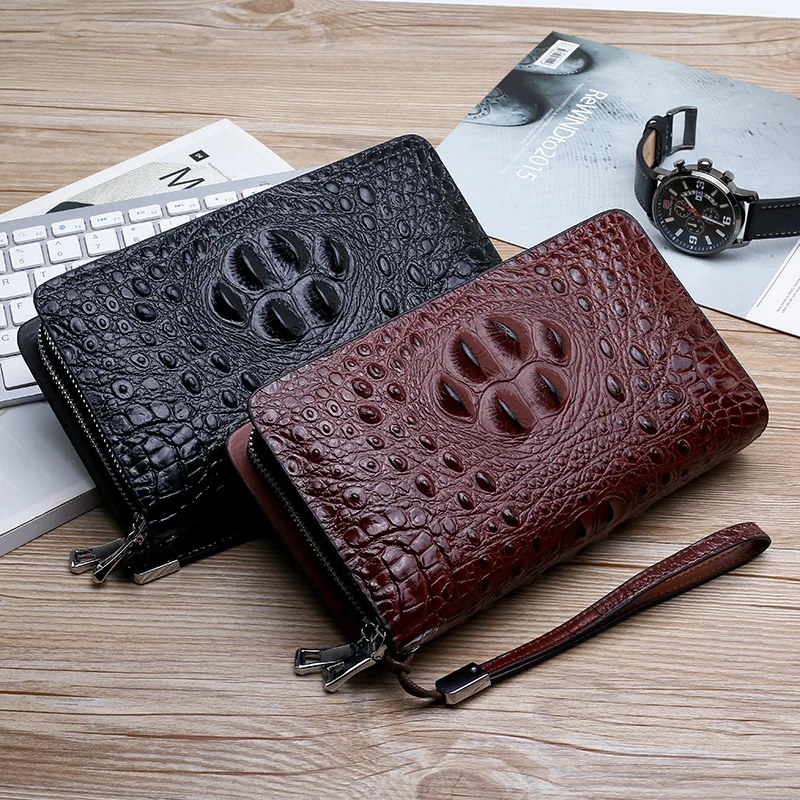 

Men's Day Clutch Double Zippers Long Wallet Crocodile Pattern Business Purse Male Big Capacity Handbag, Black & Brown