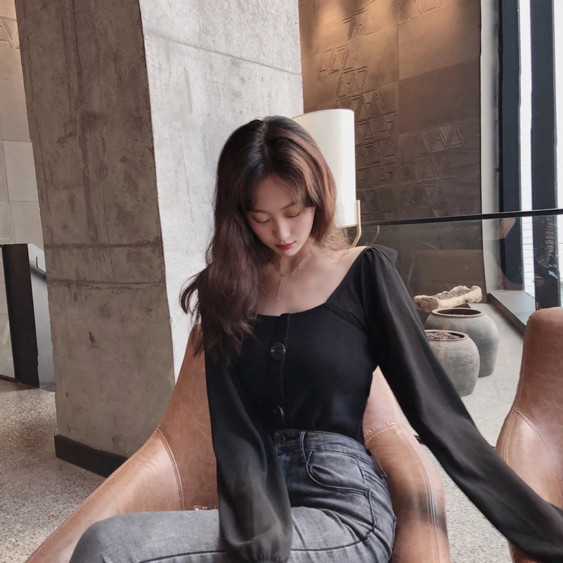 Women Slim Patchwork Chiffon Full Lantern Sleeve Square Collar Cropped T-Shirts Lady Knitted Stretchy Crop Tops Tshirt For Girls