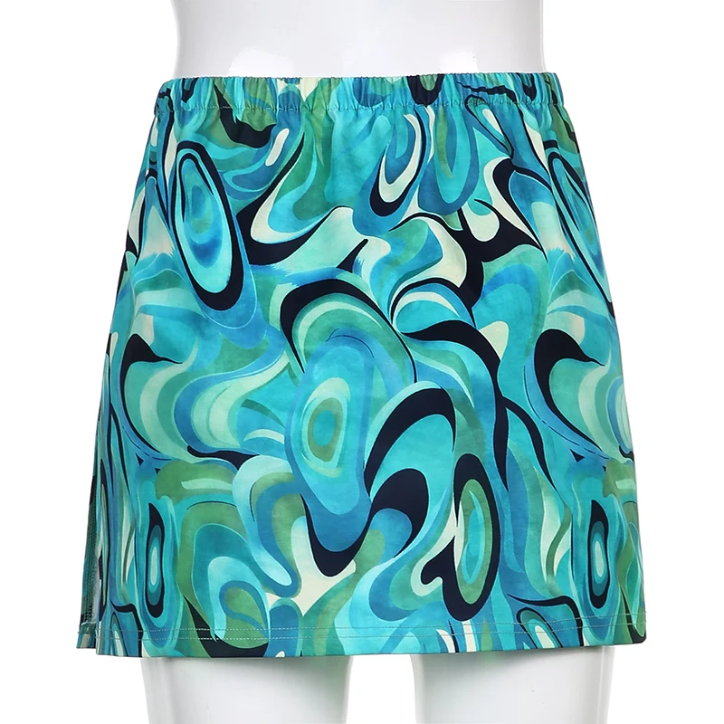 

Sweetown Green Wave Print Y2K Mini Skirt Spring Summer Fashion Womens Low Waist Skirts Preppy Style Side Split E Girl Clothes