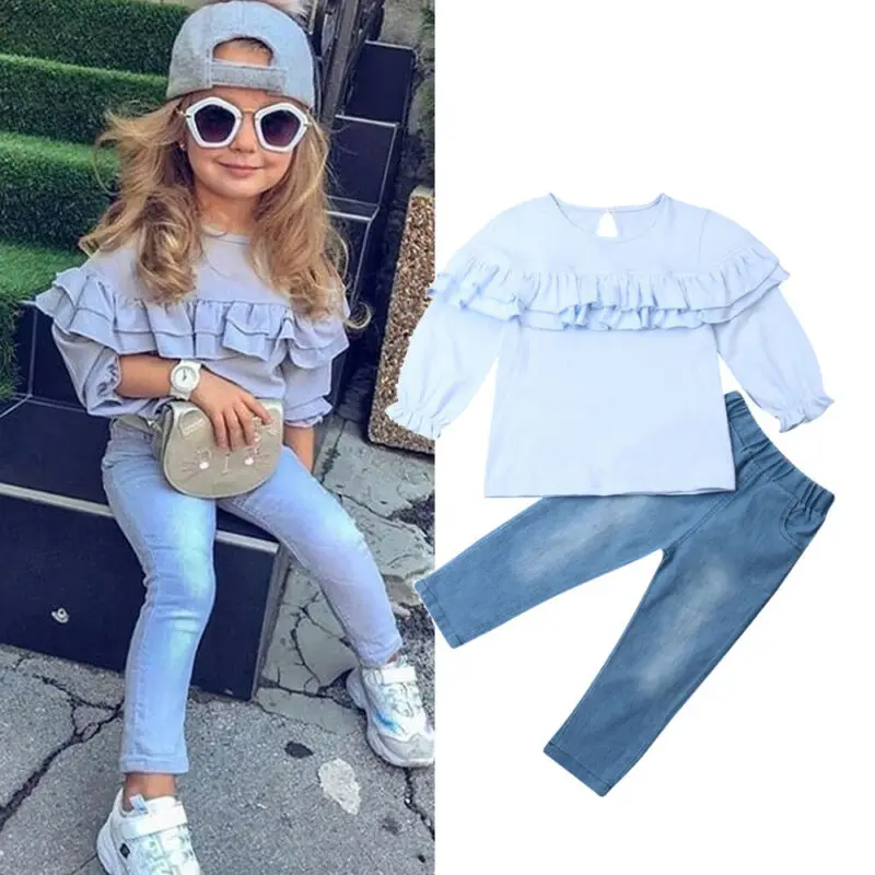 1-6Y Kids Baby Girl Clothes Sets Blue Long Sleeve Ruffle T-Shirt Tops +Denim Pants Jeans Outfits Kids Autumn Clothing