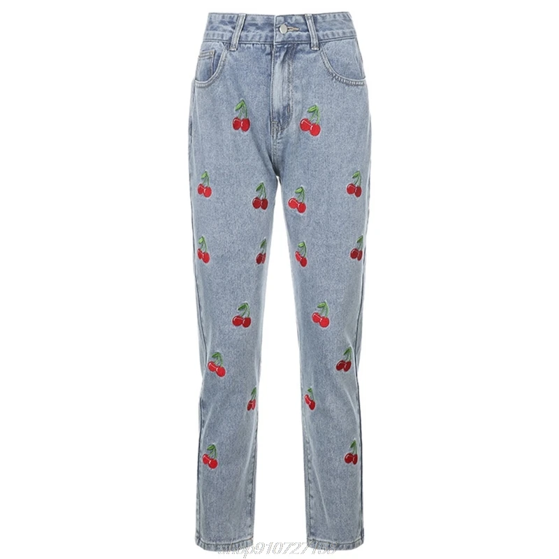 

Women High Waisted Pencil Jeans, Cute Cherry Embroidery Denim Pants Slim Trousers, Streetwear with Pockets M06 21 Dropshipping