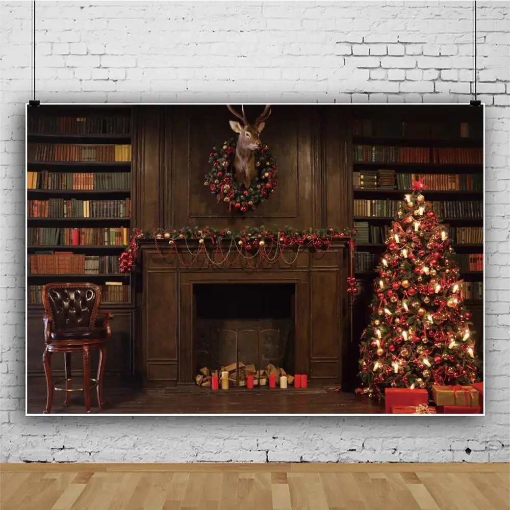 Старая деревянная книжная полка книги комната камин Рождество олень дерево