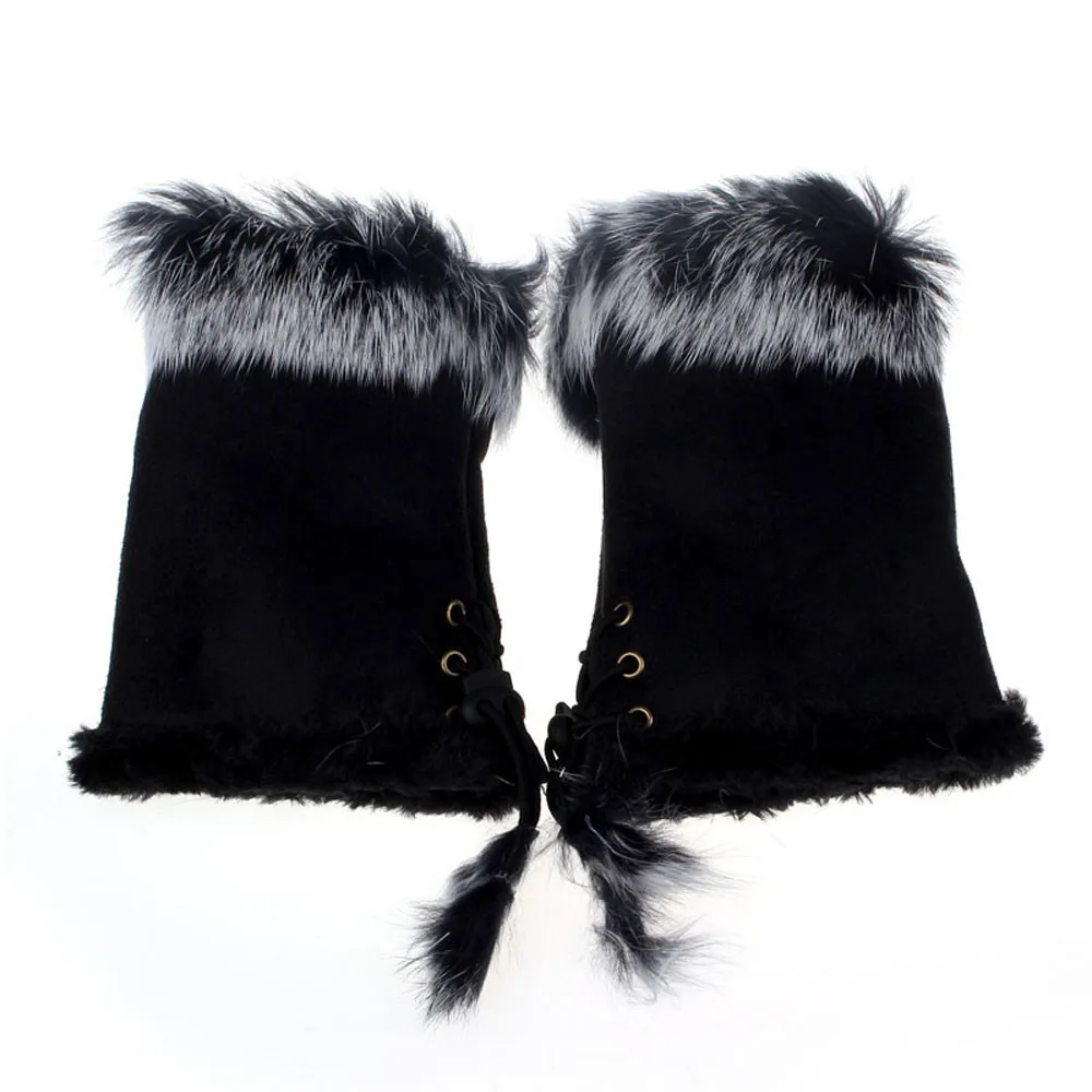Женские теплые зимние перчатки с искусственным кроличьим мехом без пальцев
