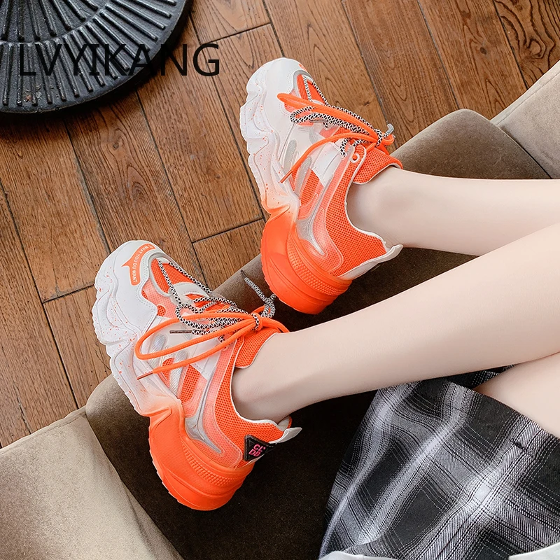 Sneakers Fashion Women Shoes Blue Orange Mesh Casual Woman Trainers Lace-Up Platform Vulcanize | Обувь