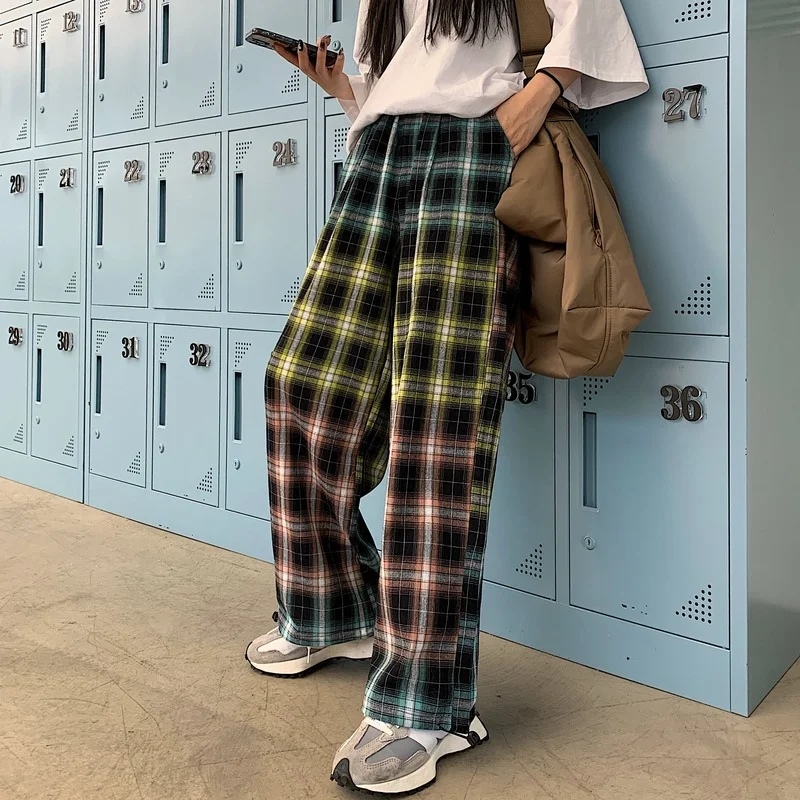 

Harajpoo Women Pants Plaid Female Summer Korean INS Hip Hop Retro Gradient Thin Loose Drape Beam Straight Casual Trousers Tide