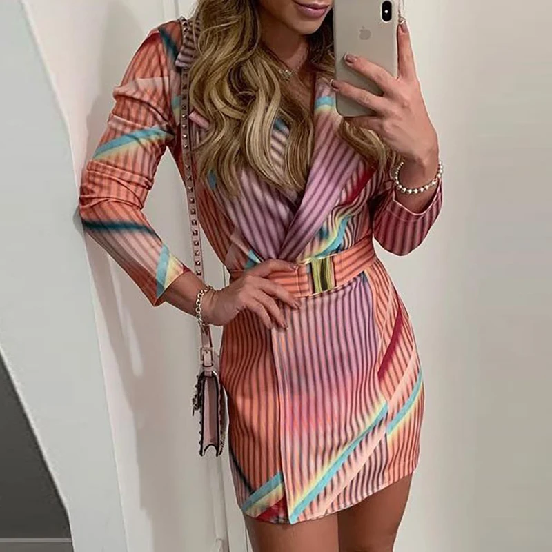 

2019 Elegant Autumn Winter Colorful Striped Print Blazer Dress