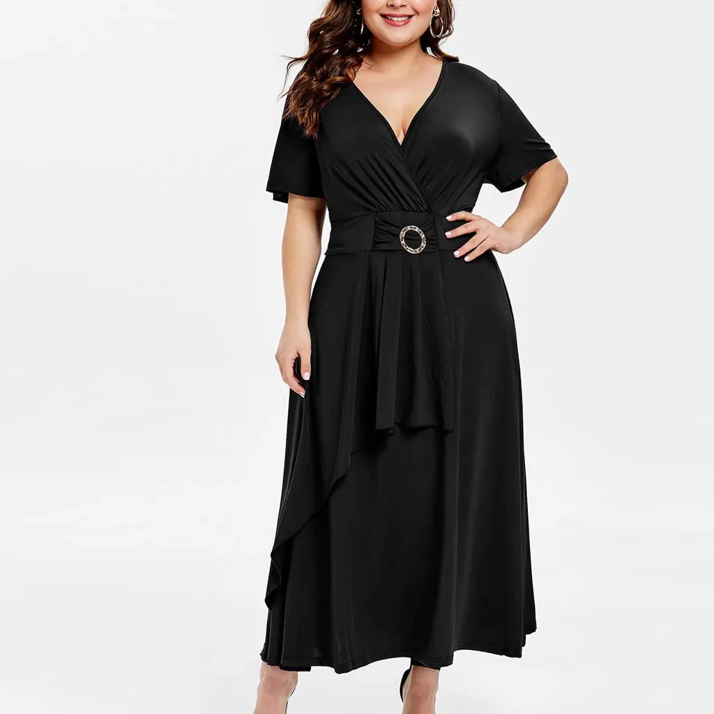 Женское вечернее платье черное большого размера с коротким рукавом и