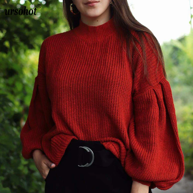 Ursohot Autumn Turtleneck Sweaters Women Invierno 2019 Loose Solid Knitted Pullover Lantern Sleeve Ladies Jumpers | Женская одежда