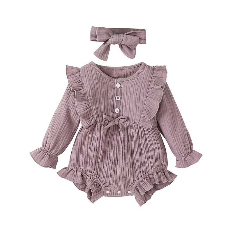 

2021 Spring New Baby Girls Cotton Linen Romper Newborn Kids Ruffle Long Sleeve Shorts Jumpsuit+Headband 2Pcs Set 0-12M