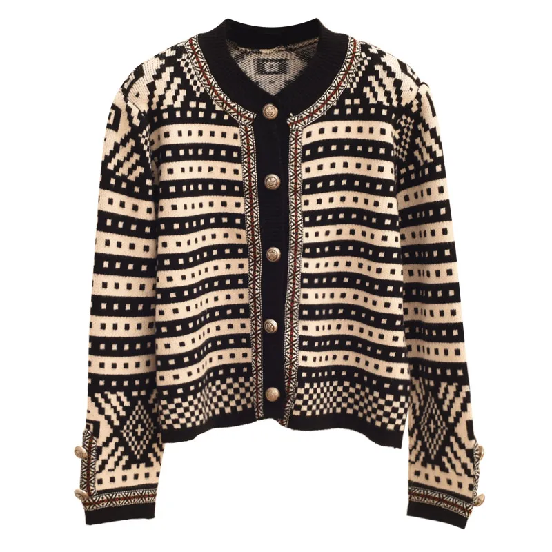 

and winter of 2020 new female knitting cardigan thick paragraph small sweet wind round collar short coat stripe plus