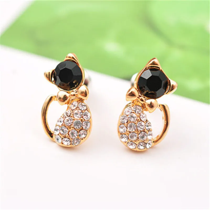 Женские серьги гвоздики со стразами и котом милые с милым кристаллом бантом