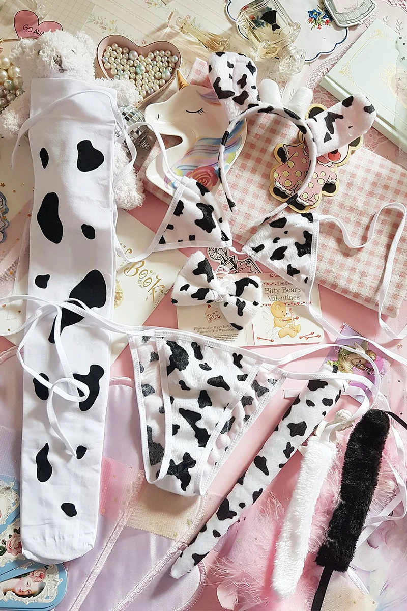 

Japanese Underwear Anime Cos Flannel Cute Sexy Cow Lace Up Bandage Bikini Bra Set Womens Cosplay Lolita Kawaii Bra and Panty Set