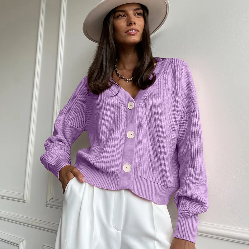 

Женский вязаный кардиган на пуговицах, повседневный свободный Однотонный свитер с V-образным вырезом и рукавами-фонариками, Осень-зима