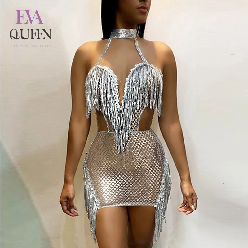 EvaQueen кисточка с пайетками вечерние платье для женщин просвечивающее сексуальное