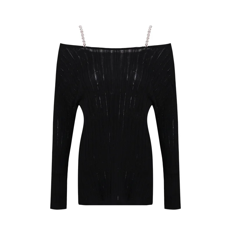 

2020 New Autumn And Winter Fashion Casual Long Sleeve Simple Chain Black Off Shoulder Knitted Jacket Top Women C830