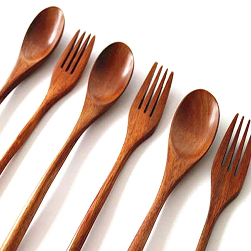 

8 Pcs Wooden 9 inchJapanese Spoon Fork Set Kitchen Tableware Natural Wood Cutlery Wooden Dinner Cutlery Set