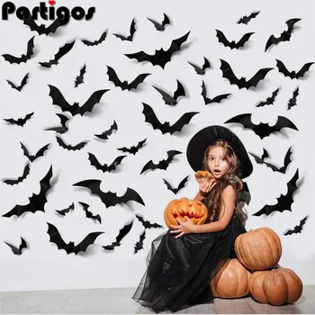 할로윈 장식 3D 블랙 PVC 박쥐, 할로윈 파티 DIY 장식, 바 룸 할로윈 파티 무서운 장식, 소품 벽 스티커, 24 개, 48 개