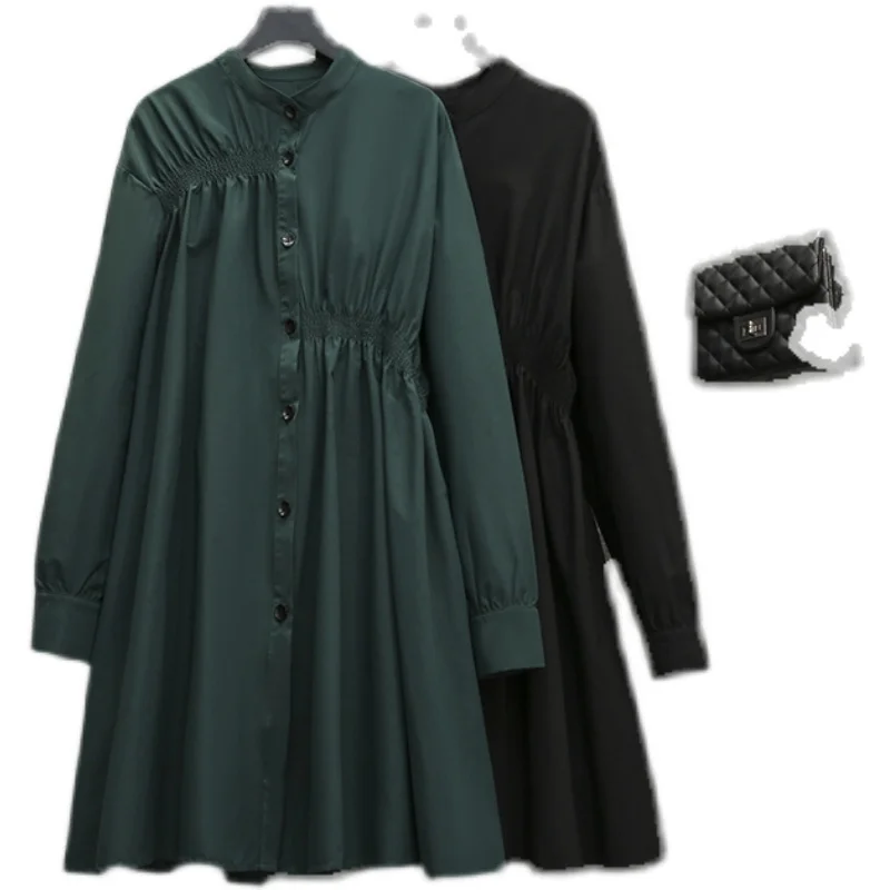

Autumn New Mid-Length Shirt Coat Elegant Retro Stand Collar Long Sleeve Cardigan Dress