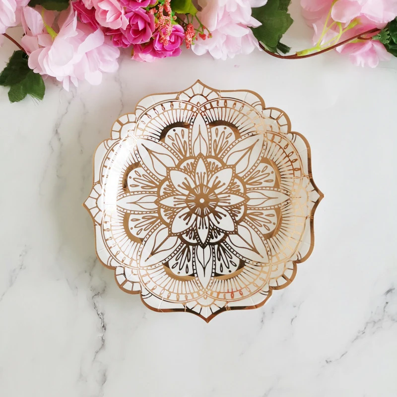 7inch plate 8pcs 8 шт./лот цветок розовое золото бумажные тарелки для дня рождения праздничные блюда Пастельная тарелка с золотой фольгой детский душ свадебный Декор посуда - Цвет: 7inch plate 8pcs