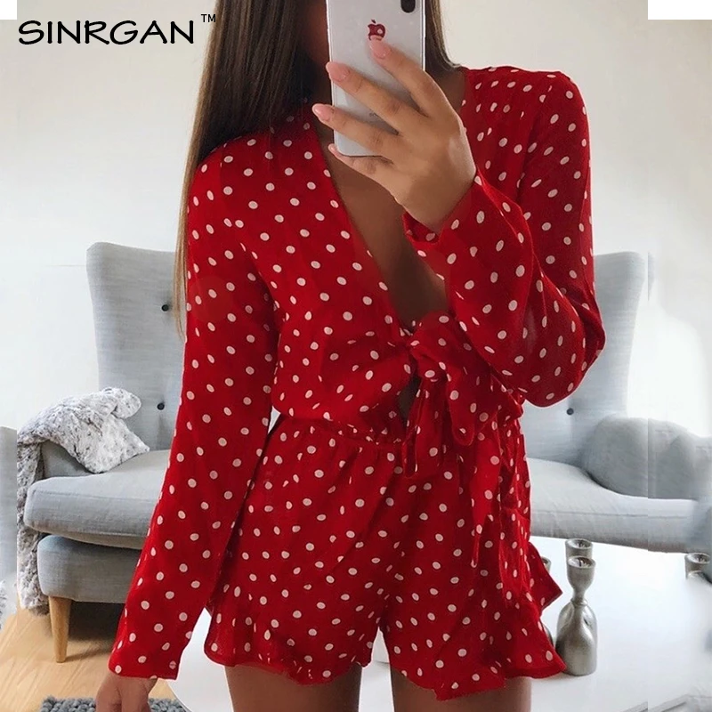 Женский красный комбинезон в горошек SINRGAN повседневный пляжный с бантом и