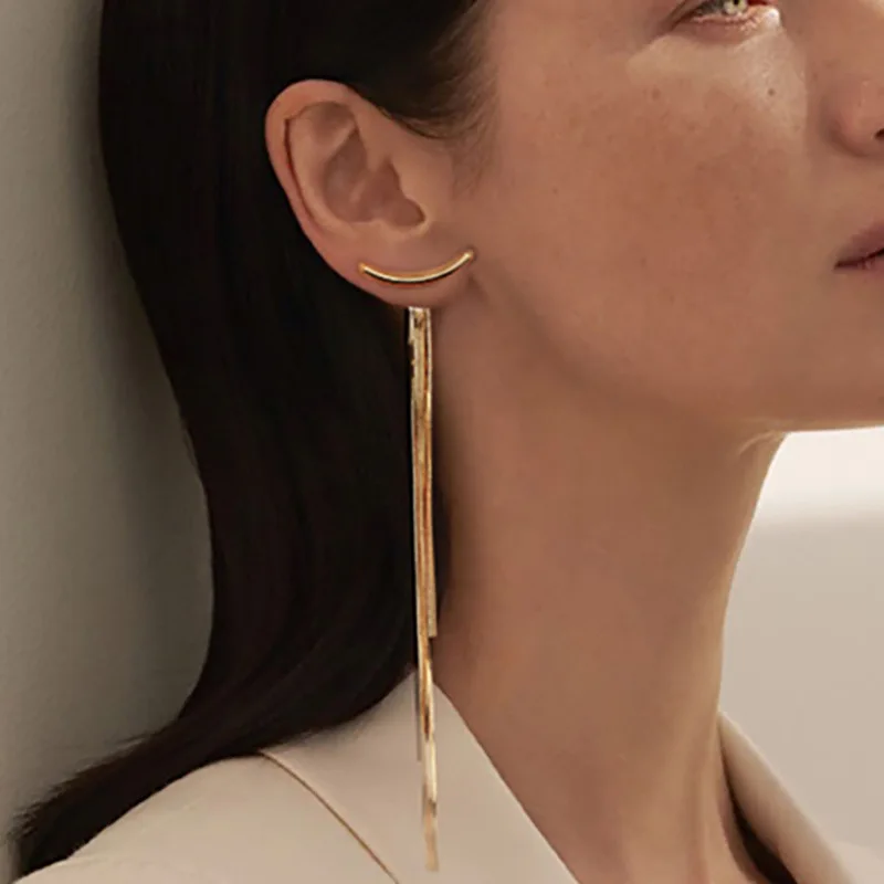 

Vintage Gold Color Bar Long Thread Tassel Drop Earrings for Women Glossy Arc Geometric Korean Fashion Jewelry Hanging Pendiente