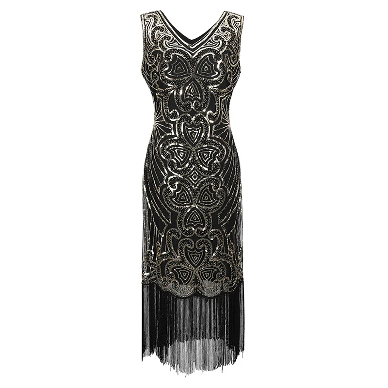 black gold dress Женские 1920s Гэтсби Хлопушки бахрома платье V шеи бисером блесток платье(розовый/черный/красный/Абрикосовый) S-XXL - Цвет: black gold dress
