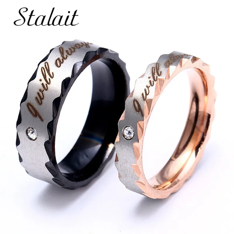 

316L Stainless Steel Matte Couple Ring With Rhinestone Engraving I Will Always Be With You Gear Ring Women Wedding Brand Jewelry