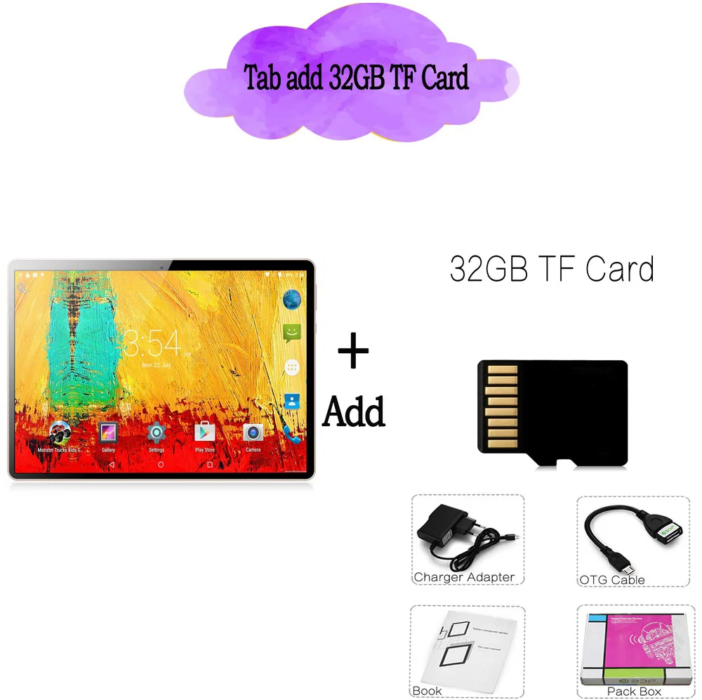 Add 32GB TF Card Планшетный ПК 10 дюймов Octa Core 3g Телефонный звонок 10,1 Планшеты 4G+ 64G Android 7,0 tab Google Рынок gps, Wi-Fi, FM, Bluetooth - Комплект: Add 32GB TF Card