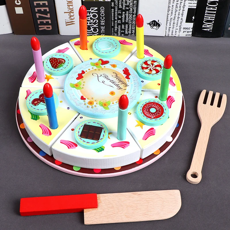 

DIY Birthday Cake wooden toys Kitchen set for kids pretend play set wooden food educational toys cup cake girls dollhouse food