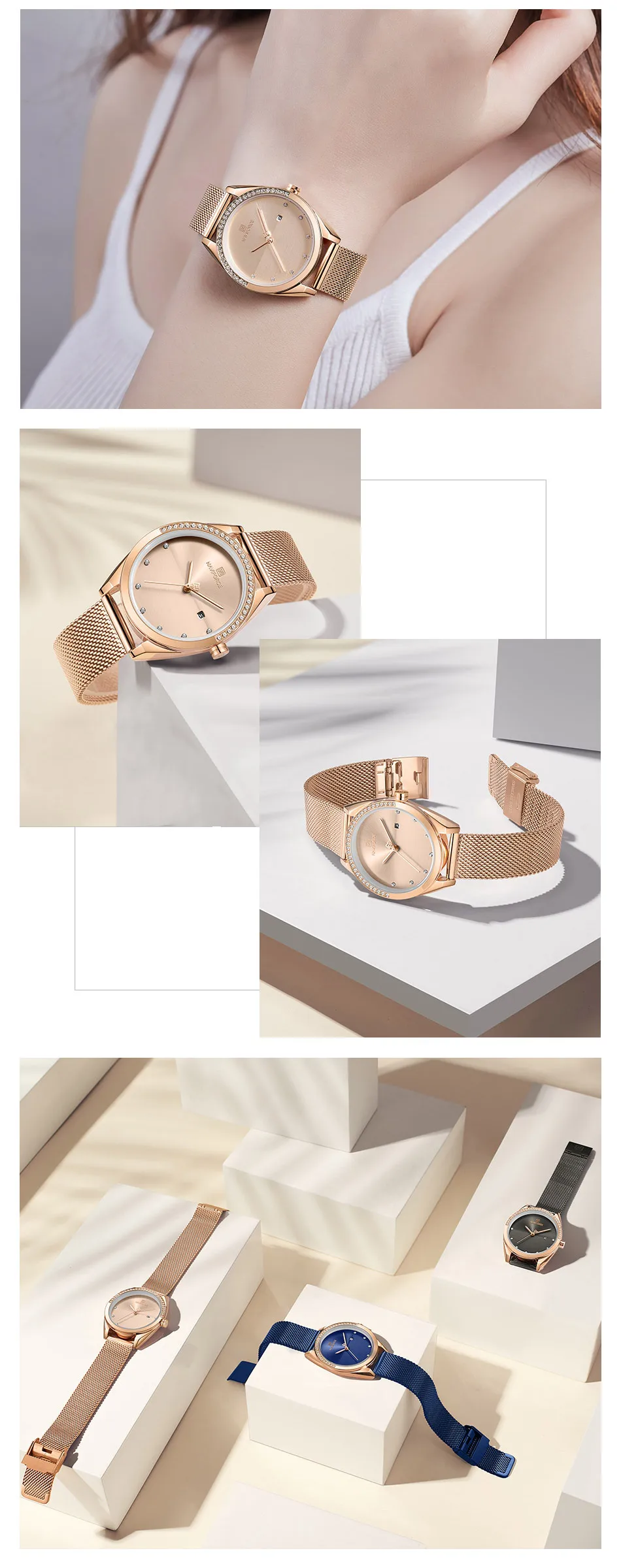 Часы наручные NAVIFORCE женские черные брендовые Роскошные с сетчатым браслетом из