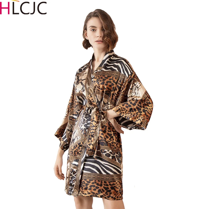 Женское кимоно с леопардовым принтом халат атласный шелк Ночная одежда пижамы