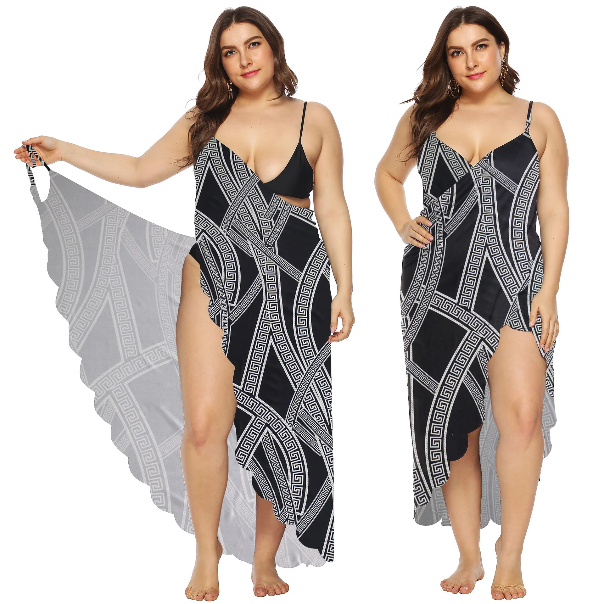 

Dress For Women Summer Large Size Women's Sexy Backless Print Wavy Edge Multi Functional Beach Dress Irregular Female Dress