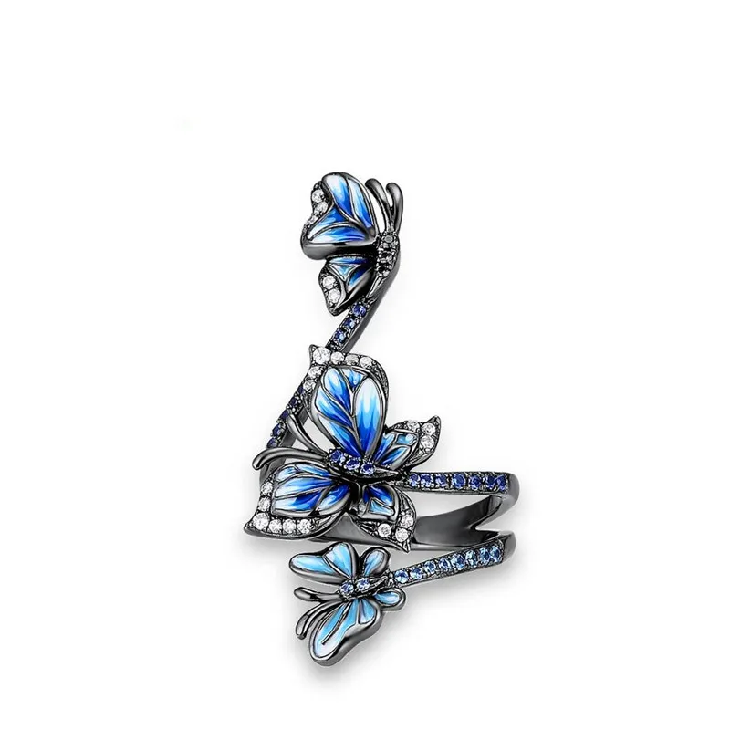 

Vintage Female Blue Enamel Big Ring Vintage Black Gold Thin Engagement Rings For Women Punk Crystal Butterfly Wedding Band Ring