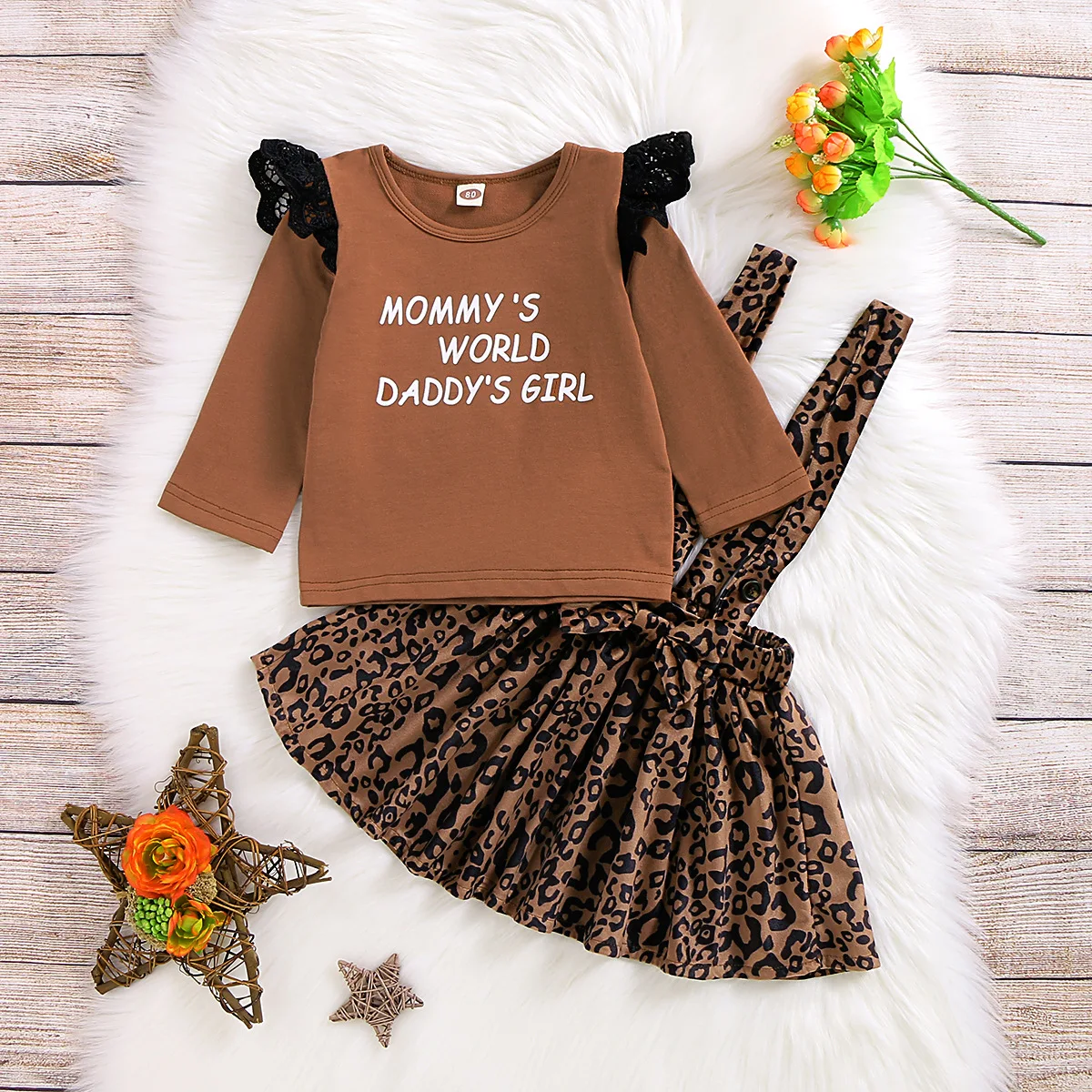 

Autumn 2Pcs Baby Girls Skirt Clothing Sets Toddlers Children's Letter Long Sleeve Tops Pullovers Leopard Suspender Skirt 1-4Y