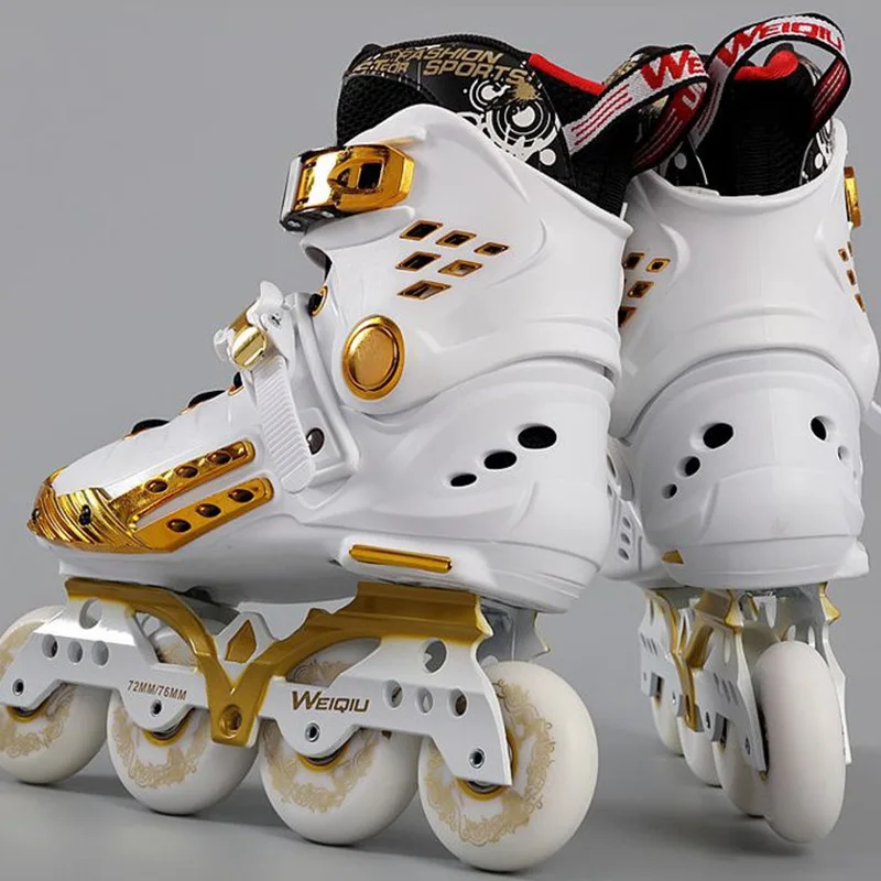 WEIQIU 4 Wheels Figure Inline Skates Slalom Sneaker with 3 wheels Transfer Base 4X80mm / 3X110mm Speed Roller Shoes White Gold | Спорт и
