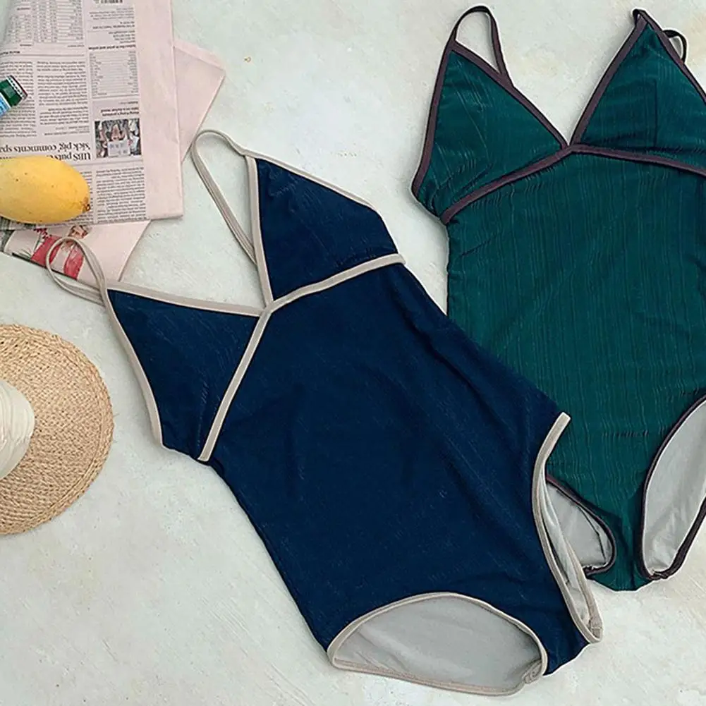 

Summer Women Deep V Neck Solid Color Skinny Monokini One Piece Swimsuit Swimwear
