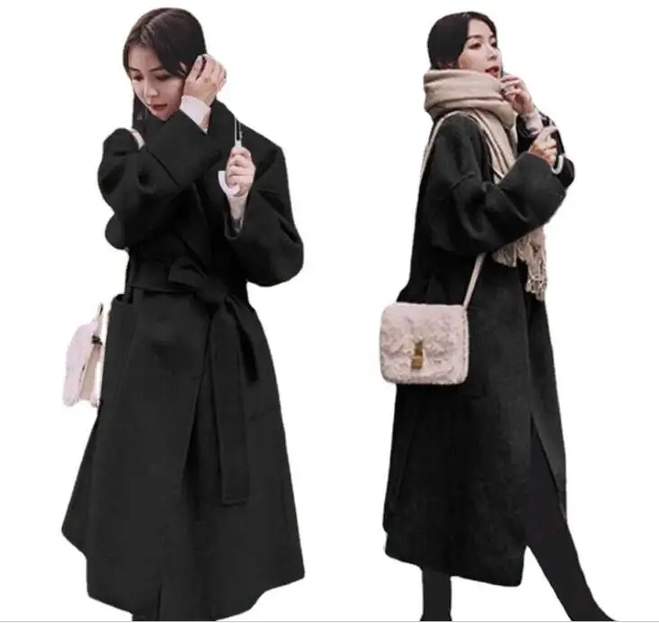 

Новинка Осень-зима 2021 корейское модное утолщенное теплое женское свободное шерстяное пальто средней длины с поясом