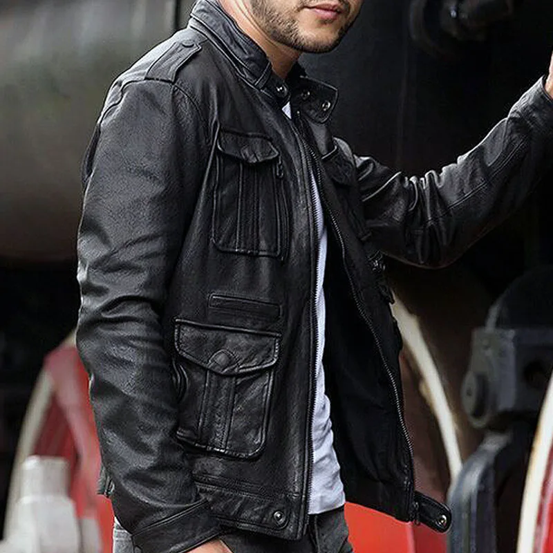 Короткие мужские куртки в корейском стиле из овечьей кожи байкерская облегающая