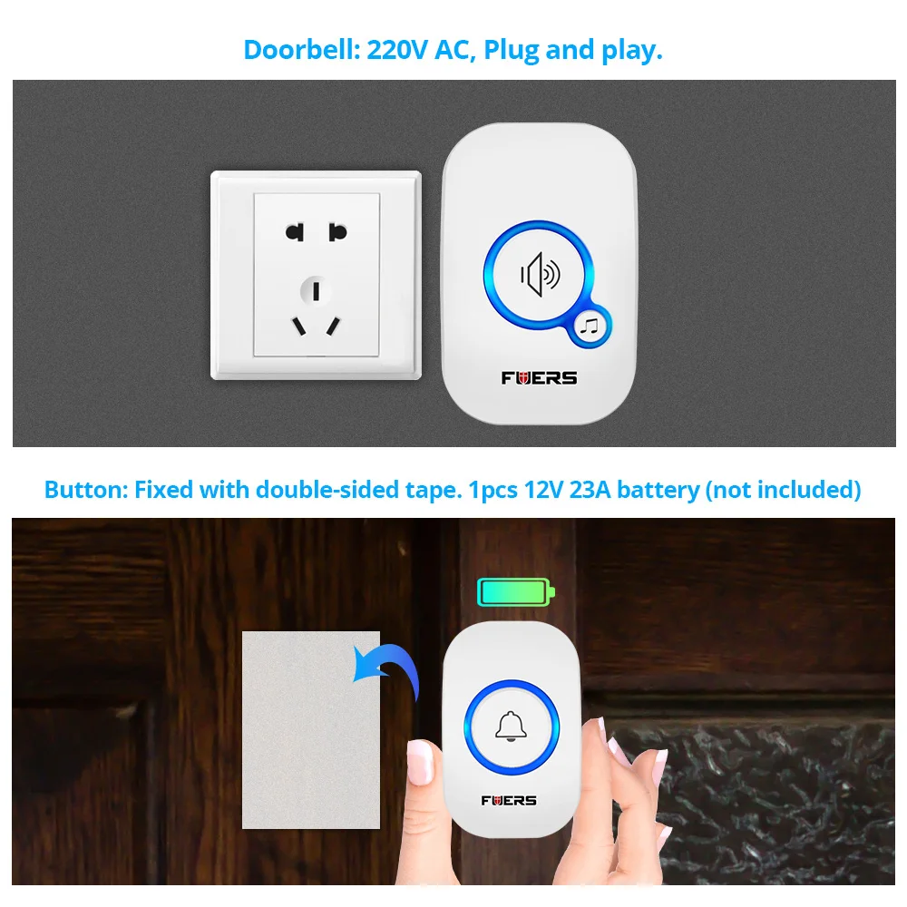 

Fuers Wireless Doorbell Receiver Welcome bell Home Chime Door bell Alarm 32 Songs Smart Doorbell ring Waterproof Button
