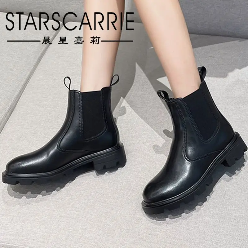 

Riding boots women 2021 new autumn and winter leather short boots thick-soled chimney Chelsea boots women's trend