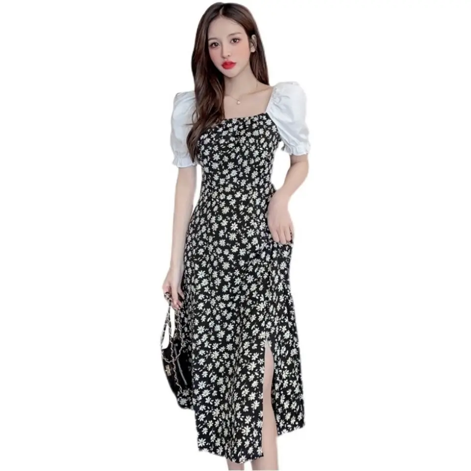 

Dress women 2021 New South Korean version of the summer slit in the middle of the gas waist thin long skirt over the knee
