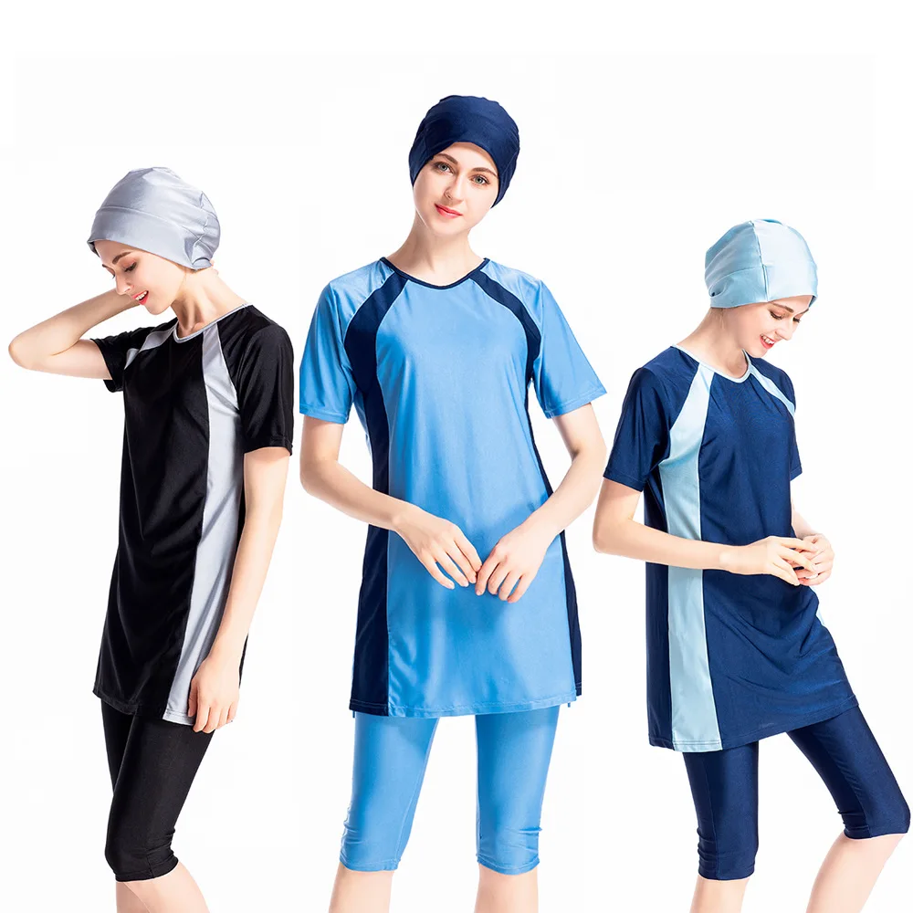 

2021 Women's Color Block Surfing Suit Modest Short Sleeve 3 Piece Swimsuit Swimwear Muslim Islamic Burkini Costume Top Pants Cap