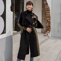 wholesale black mid length lace up windbreaker womens autumn new style korean thick long trench jacket coat for women overalls