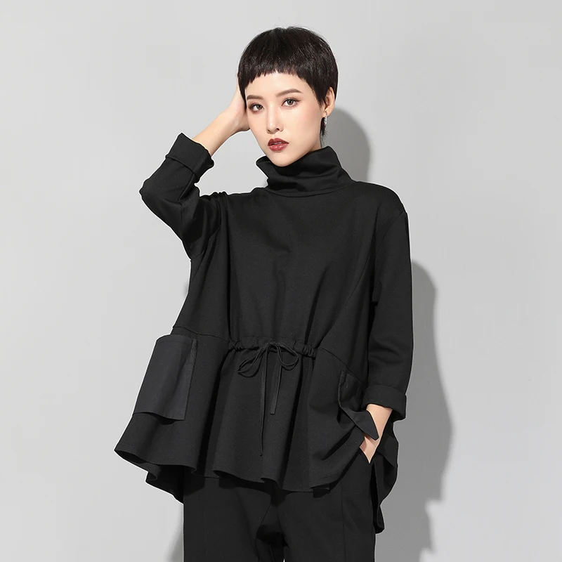 Женская водолазка с длинным рукавом черная свободная футболка большого размера