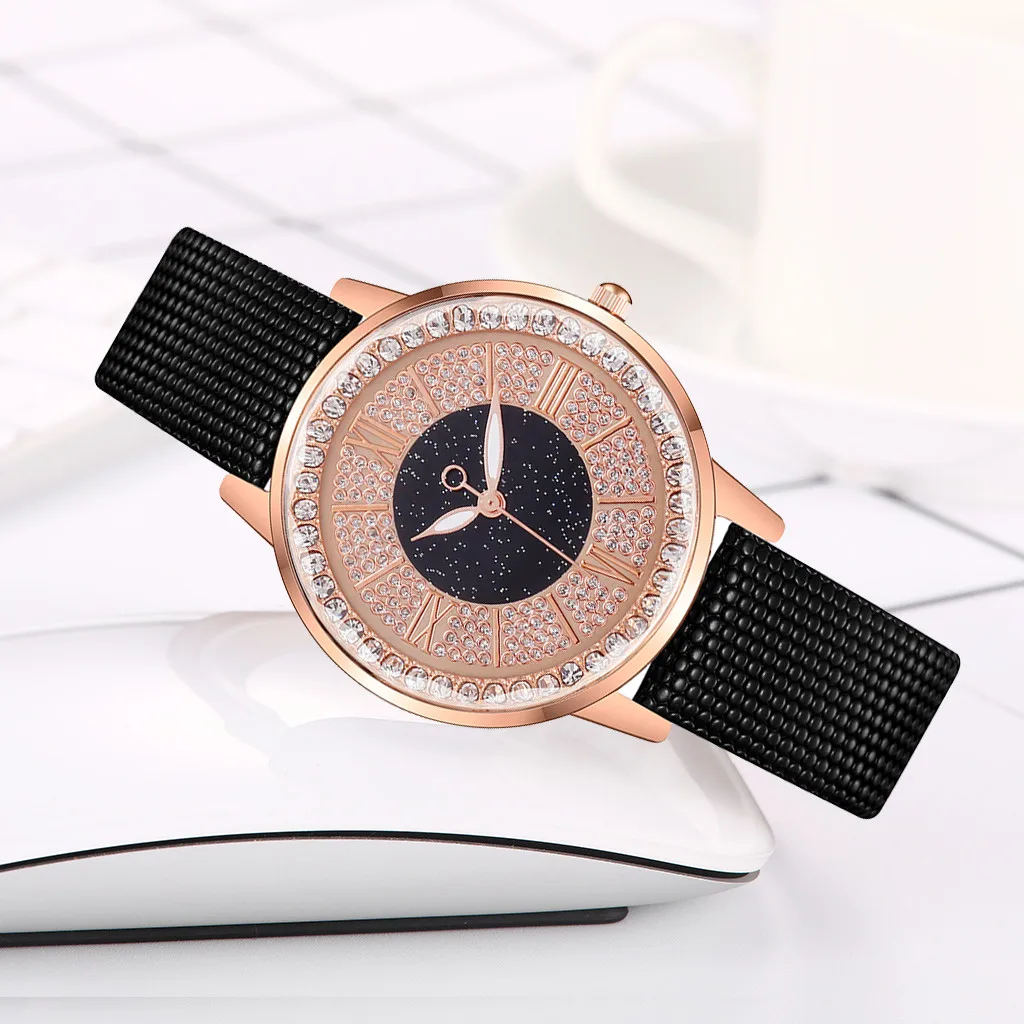 Ladies Casual Watch Women Rose gold dial Leather Strap Quartz Wristwatches Luxury Brand Women's diamond Fashion Bracelet Clock | Наручные