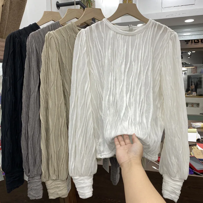 

Round neck solid color pleated shirt women 2020 new loose hedging fashion temperament top