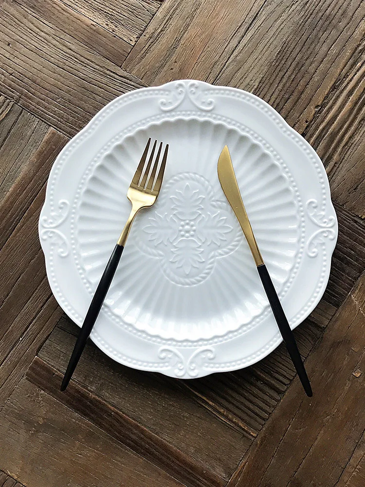 Роскошные белые резные дизайнерские обеденные тарелки посуда для стейка